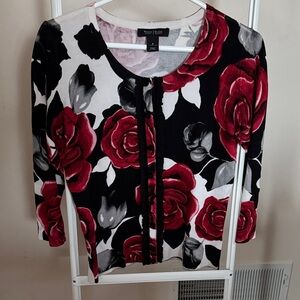 WHBM red and black rose print cardigan  sweater